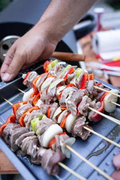 Preparando delicioso churrasco com carne e legumes diferentes — Fotografia de Stock