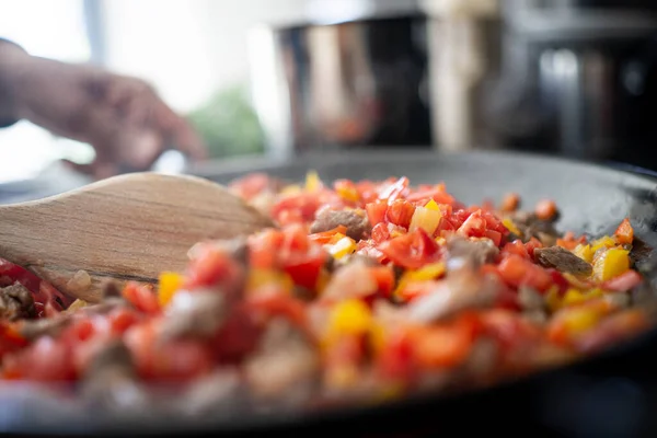 Preparing delicious food with meat and vegetables — Stock Photo, Image