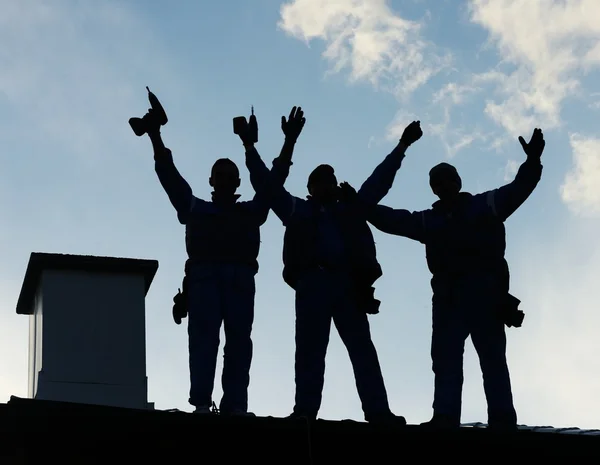 Costruzione Tetto Cantiere Silhouette Lavoro Squadra — Foto Stock