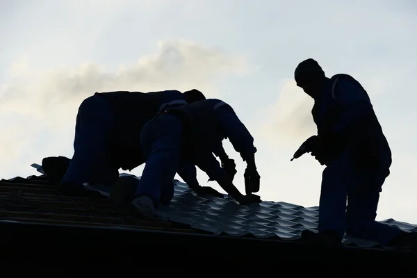 Costruzione Tetto Cantiere Silhouette Lavoro Squadra Fotografia Stock