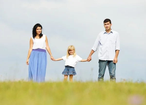 Junge Familie auf grüner Sommergraswiese hat Spaß — Stockfoto