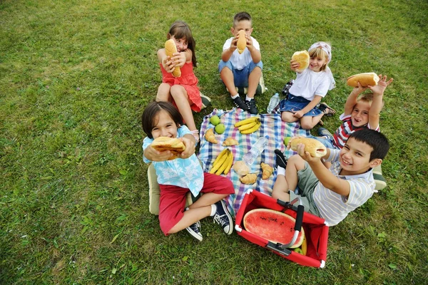 Barn ha picknick på äng — Stockfoto