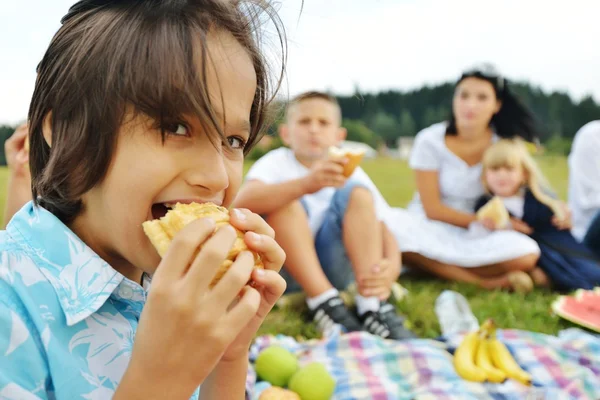 Familj med barn har picknick tid på grön äng i natur — Stockfoto