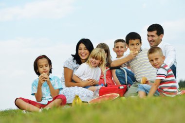 Piknik vakit yeşil çayır on çocuklu aile