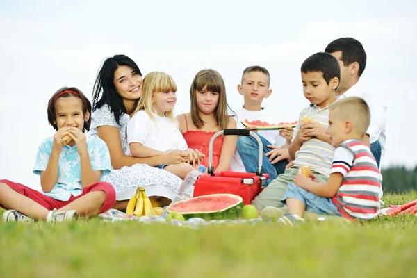 Rodziny z dziećmi o czas na piknik na zielony łąka — Zdjęcie stockowe