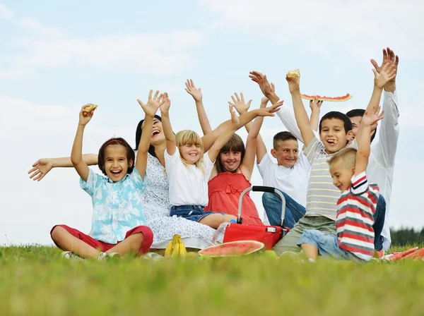 Сім'я з дітьми, які проводять час на пікніку на зеленому лузі — стокове фото