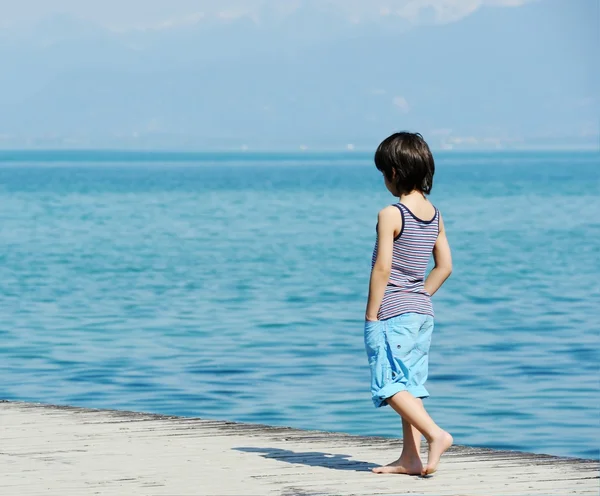 ドックの男の子の上を歩く ストックフォト