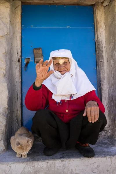 Very old traditional heritage wearing woman posing with cat — Stock Photo, Image