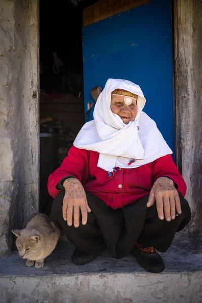 아주 오래 된 전통적인 유산 입고 여자 고양이 포즈 — 스톡 사진