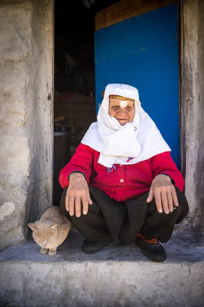 Zeer oude traditionele erfgoed dragen vrouw poseren met kat — Stockfoto