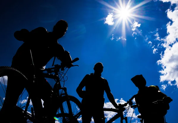 Bicicleta grupo ao pôr-do-sol céu fundo . Fotos De Bancos De Imagens