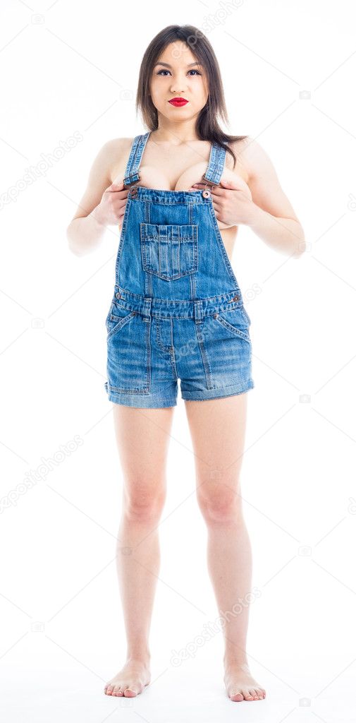 Nude woman denim overalls — Stock Photo © aleynikov #114219730