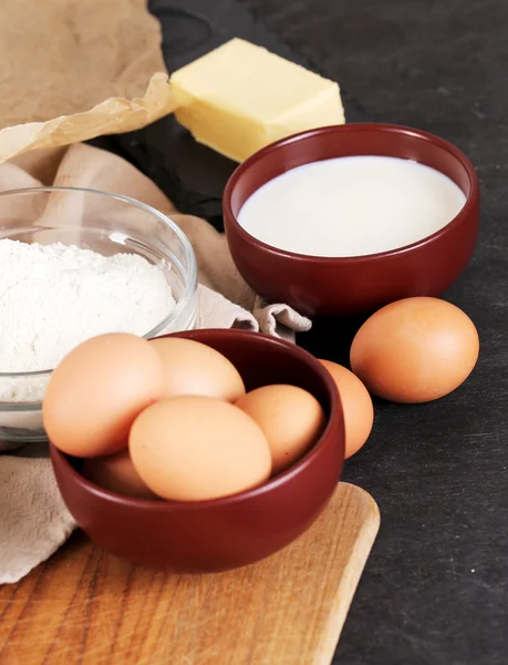 flour, eggs, milk and butter