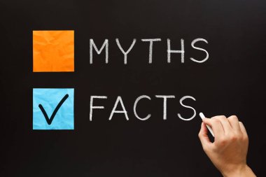 Hand writing Myths or Facts concept with white chalk on blackboard. Choose the Facts over the Myths. clipart