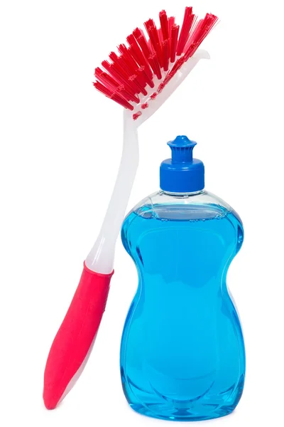 Kırmızı fırça ile bulaşık yıkama deterjanı — Stok fotoğraf