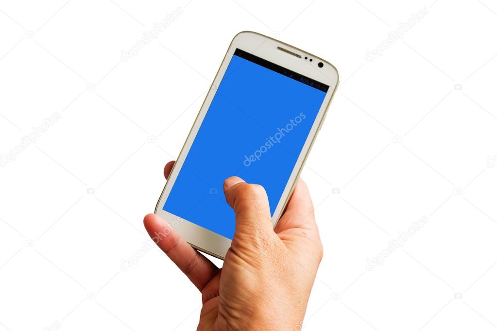Hand holding white smartphone