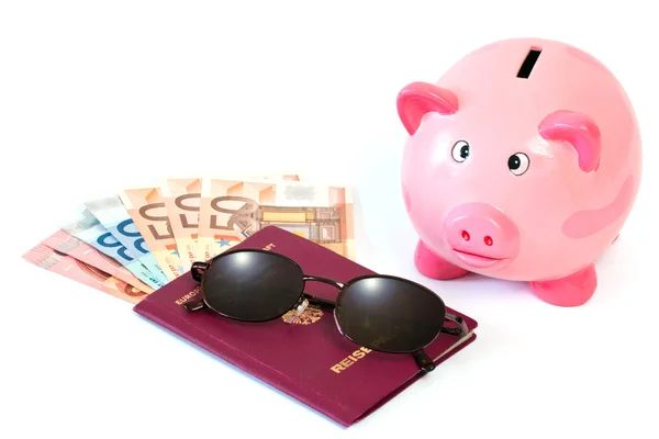 Passaporte com dinheiro e porquinho — Fotografia de Stock