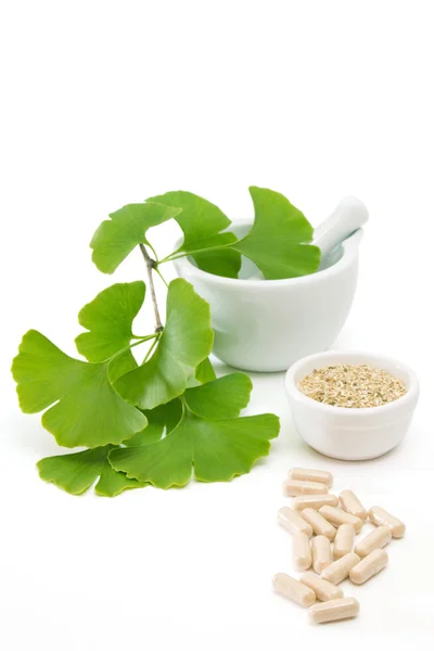 Ginkgo capsules with mortar and pestle — Stock Photo, Image