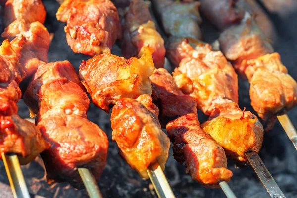 Stücke von Schweinefleisch Schaschlik — Stockfoto