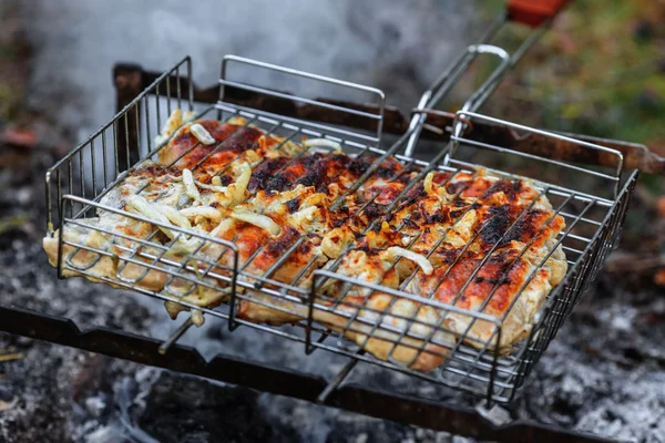 Kyckling Shashlik Som Grillas Över Träkol — Stockfoto