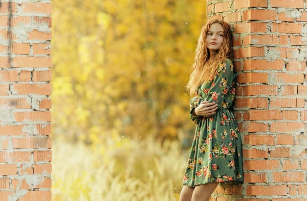 Chica Adolescente Vestido Pie Cerca Ladrillo Lugar Abandonado Dof Poco —  Fotos de Stock