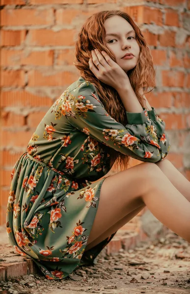 Teen Girl Dress Sitting Brickwork Abandoned Place Shallow Dof — Stock Photo, Image