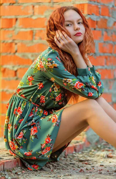 Teen Girl Dress Sitting Brickwork Abandoned Place Shallow Dof — Stock Photo, Image