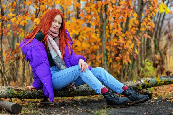 Smiling Ginger Haired Teen Girl Violet Jacket Sitting Log Autumn — Stock Photo, Image