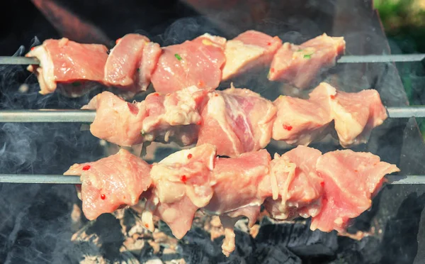 炭火で串焼きにした豚肉を煮込む — ストック写真