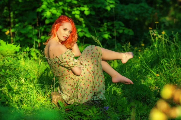 Mulher Bonita Vestido Sentado Toco Floresta Verão Dof Rasa — Fotografia de Stock