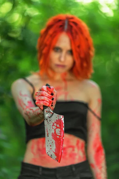 Red Haired Woman Bloody Knife Background Greenery Focus Knife Stock Image