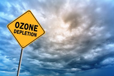 Sign with words 'Ozone depletion' and thunderclouds clipart