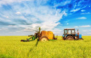 Farming tractor spraying green field clipart