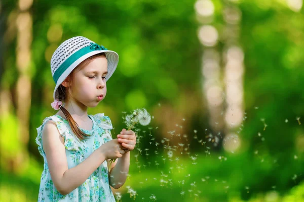 Niña soplando diente de león — Foto de Stock