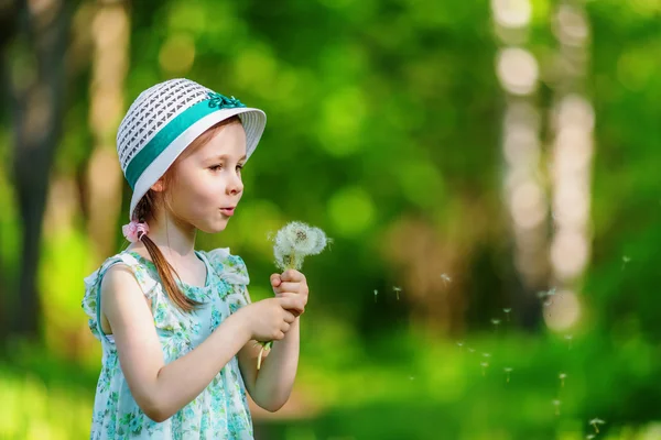 Little girl blowing dandelion — Stock Photo, Image