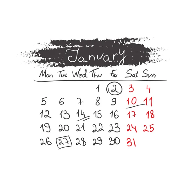 Calendario dibujado a mano Enero 2015. Vector . — Vector de stock