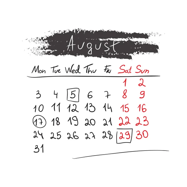 Calendario dibujado a mano Agosto 2015. Vector . — Vector de stock