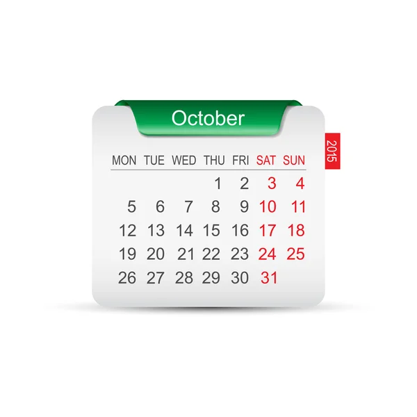 Calendrier Octobre 2015. Vecteur . — Image vectorielle