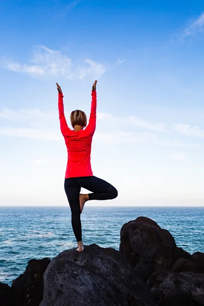 Mulher meditando em ioga vrksasana árvore pose — Fotografia de Stock