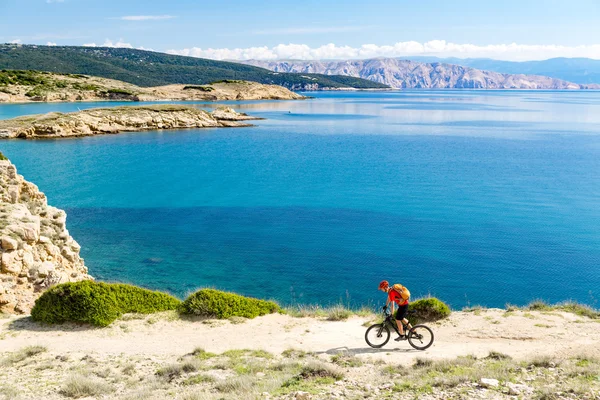 Ciclista de montaña montando en bicicleta en los bosques del atardecer de verano — Foto de Stock