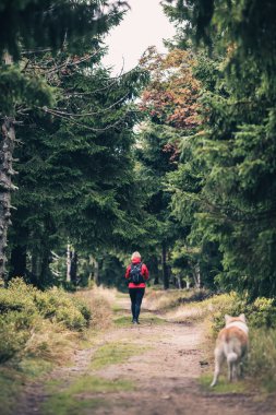 Mutlu kadın ile köpek yürüyüş hiking