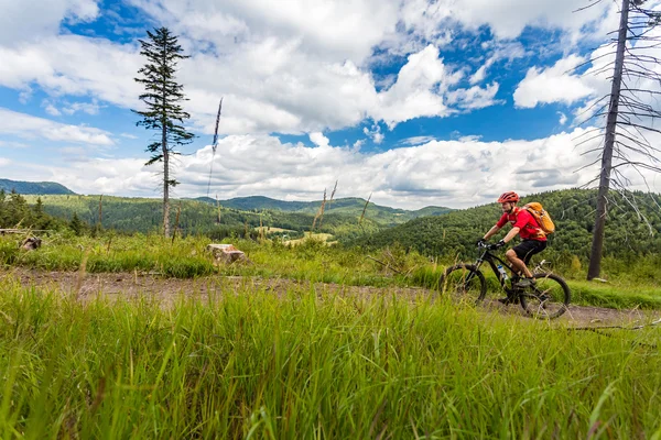 Mountain biker Fietsen Paardrijden in bos en bergen — Stockfoto