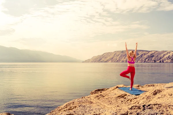 Woman in yoga tree pose meditating at the sea and mountains — Stock fotografie