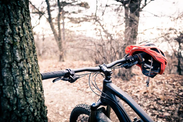 Mountainbike en helm in herfst bos — Stockfoto