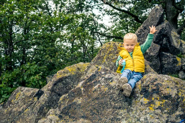 山の中で小さな男の子のハイキング 小さな冒険 岩だらけの緑の森の中の子供は — ストック写真