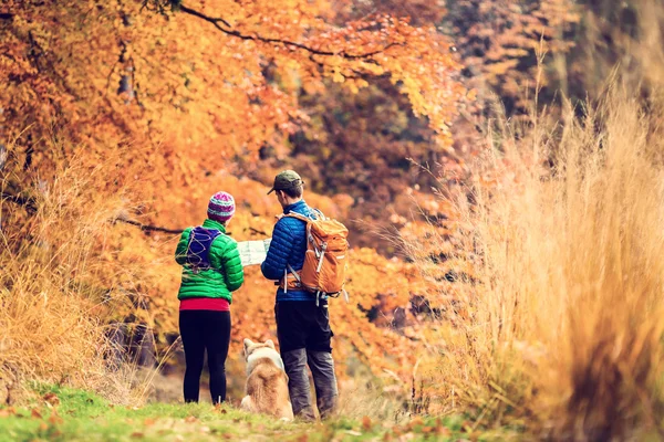 Vintage instagram couple hiking in autumn forest — Stock Photo, Image