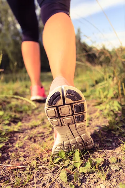 Chaussures de marche ou de course en forêt, aventure et exercice — Photo