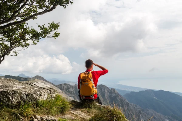 Hiker in mountains looking at view — Stockfoto