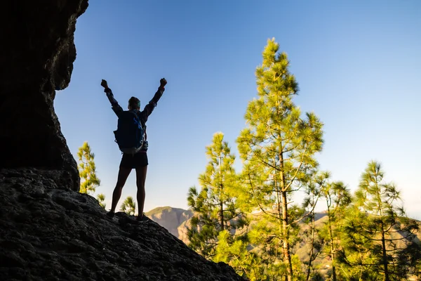 Kadın başarı siluet dağlar gün batımı hiking — Stok fotoğraf