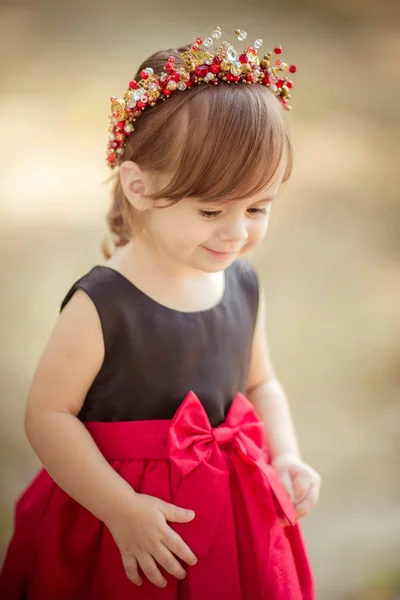 Liten flicka i krans och elegant klänning — Stockfoto